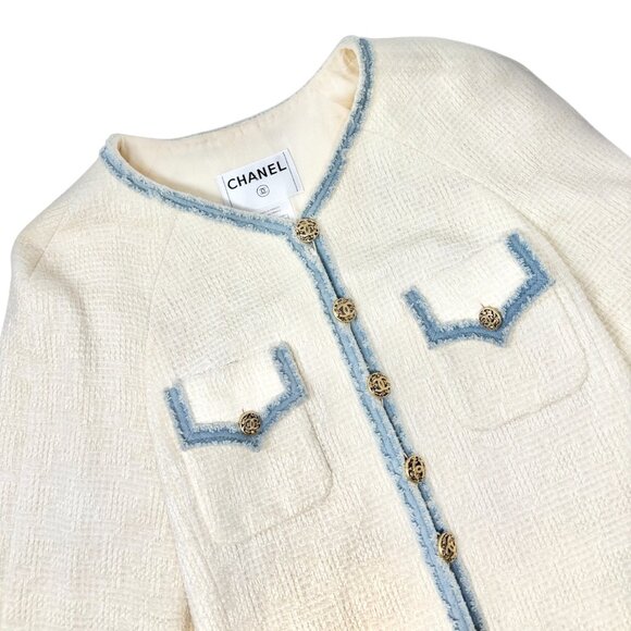 CHANEL Vintage 07P CC Logo Tweed Long Jacket Trim Denim #42 Blue White [106101] - Picture 5 of 14